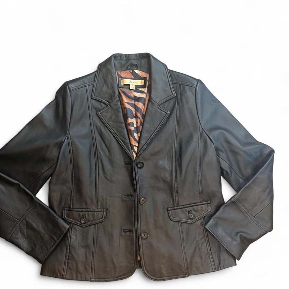 Motto Black Genuine Leather Blazer Animal Print Lining Y2K Medium